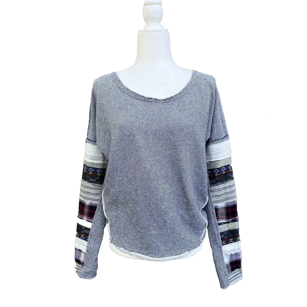 Free people patch work long Sleeve sweater women cotton top pullover XS A000234